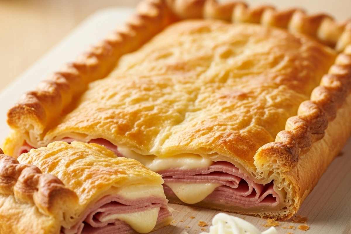 Una torta salata con prosciutto e mozzarella